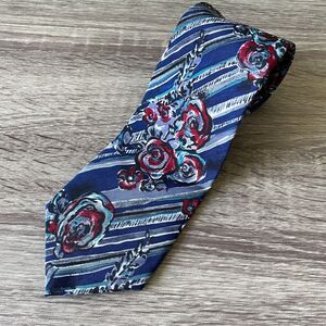 Oleg Cassini Floral Rose Blue Red Striped Men's Tie 1980s Retro Office Artsy VTG